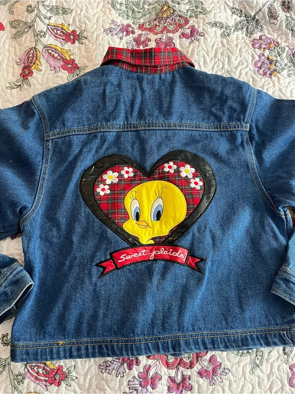 Vintage 1997 90’s Tweedy Bird Denim Jacket youth kids Size 14 Red Plaid Heart